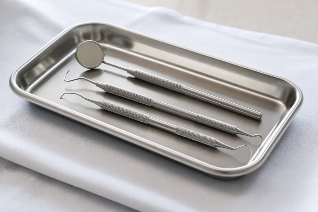 A tray of dental tools -- a mirror, a probe and a scaler -- on a clean cloth, for Fillings