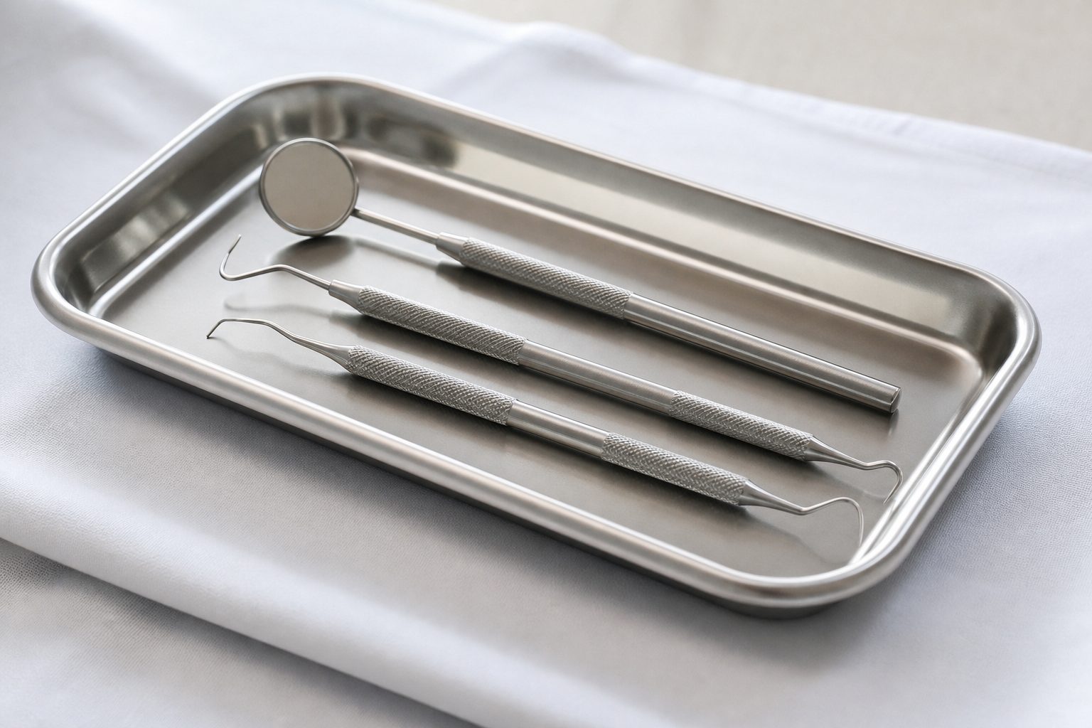 A tray of dental tools -- a mirror, a probe and a scaler -- on a clean cloth, for Fillings